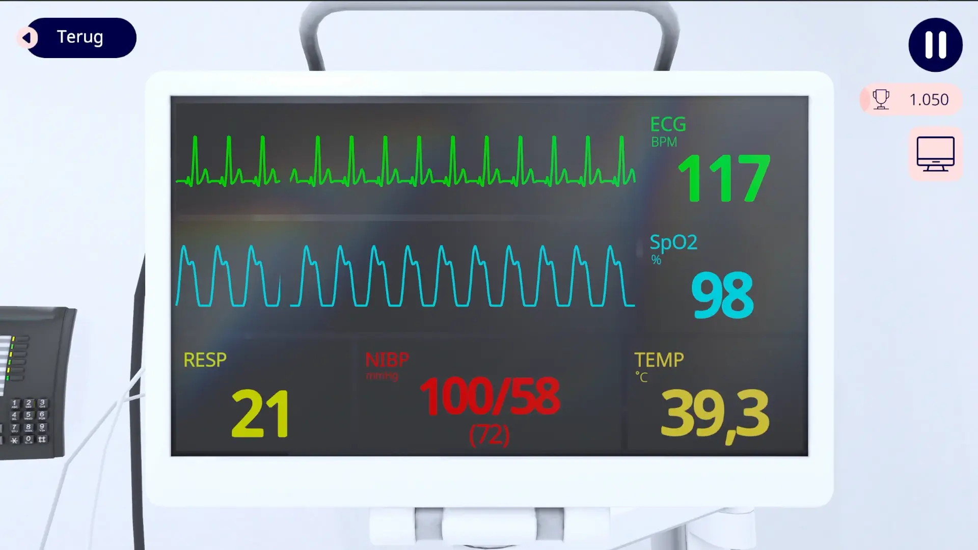 vitale parameters op de monitor tijdens de eerste beoordeling