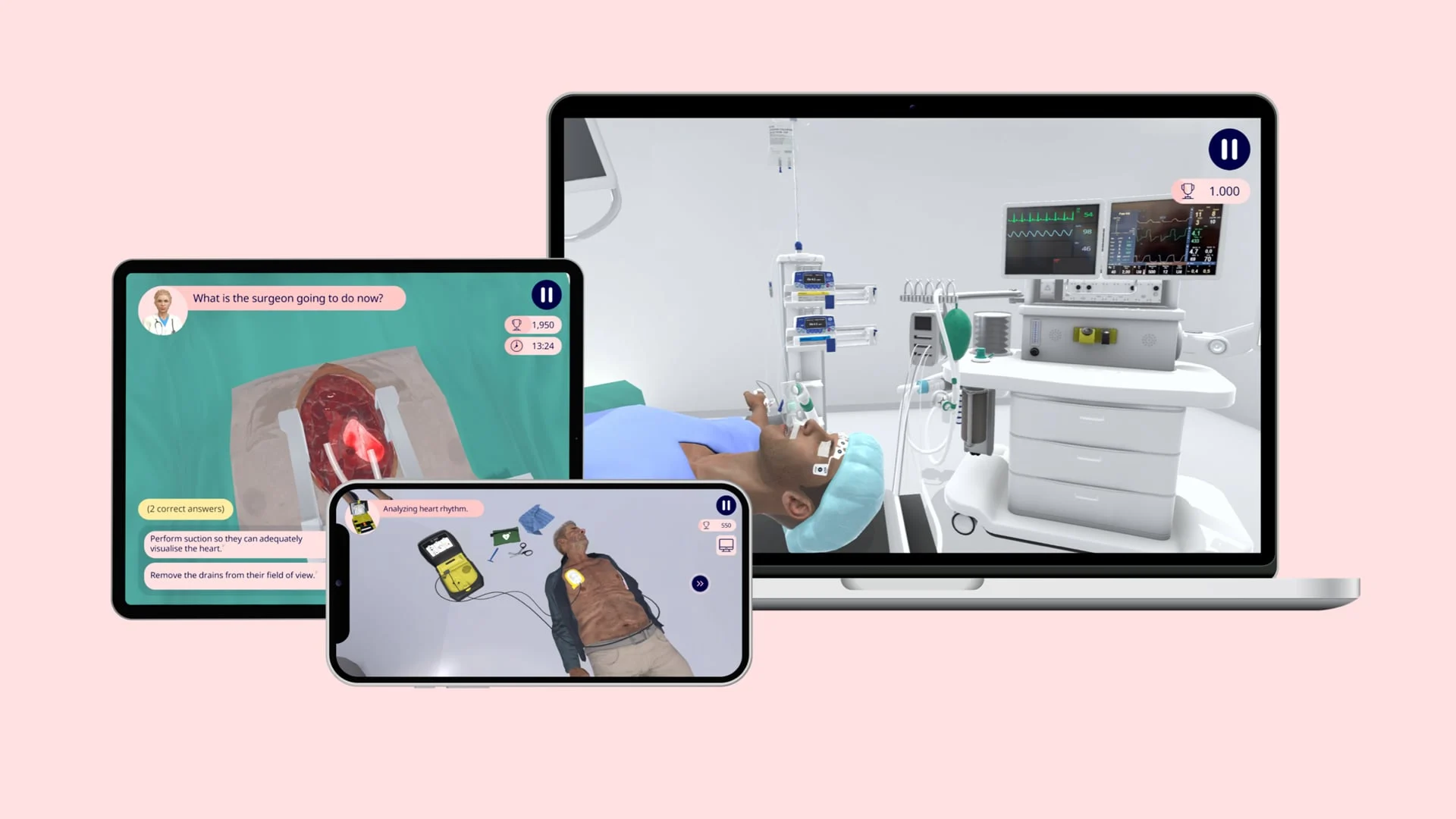 Medu.game op laptop, tablet en telefoon, dezelfde klinische scenario's op elk apparaat